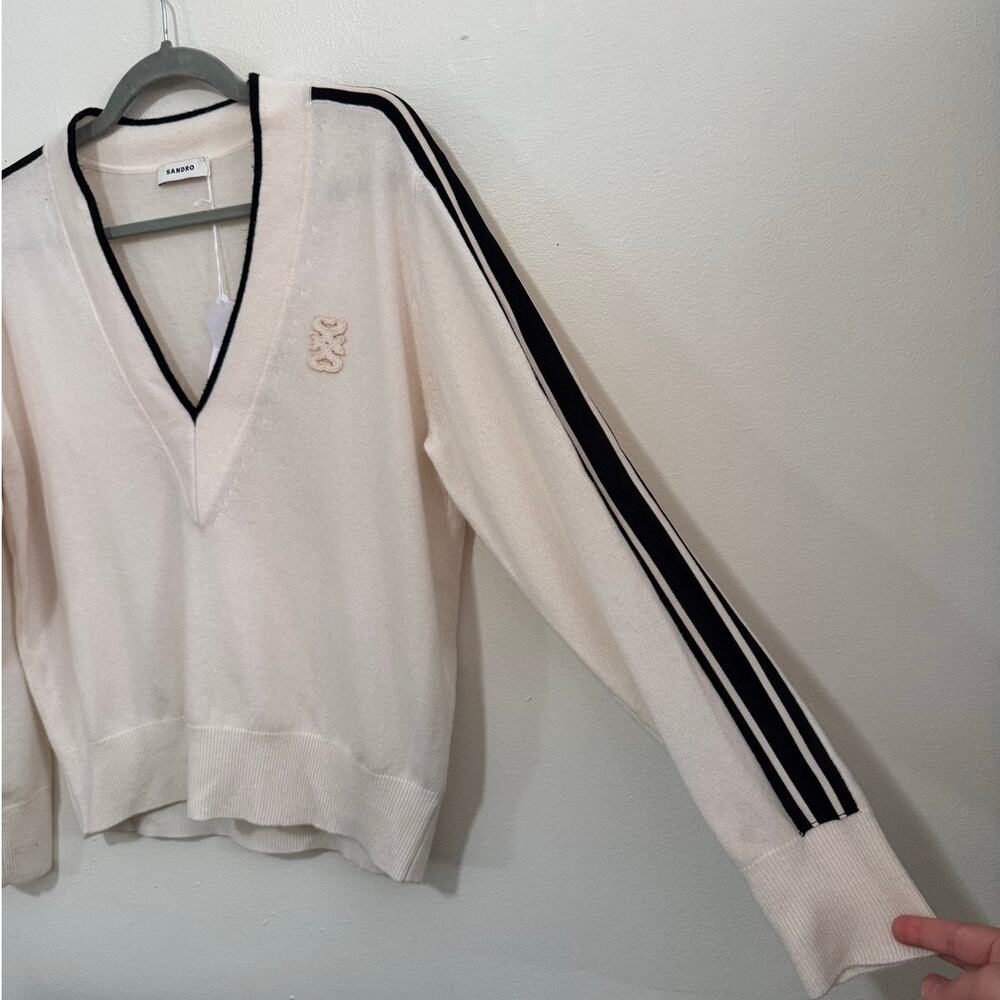 Sandro Sully ecru wool cashmere V‑neck sweater black stripes size 1 (small) - Picture 5 of 13